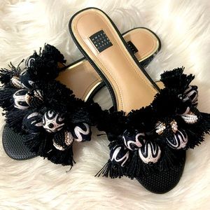 Pom Pom and Tassel White House Black Market Slides Sandals
